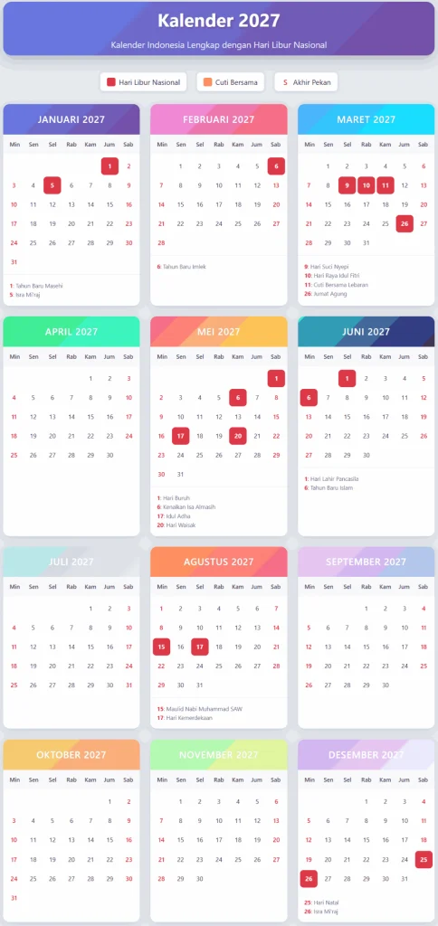 Kalender 2027 Lengkap dengan Tanggal Merah: 18 Libur Nasional dan 8 Cuti Bersama Resmi Ditetapkan
