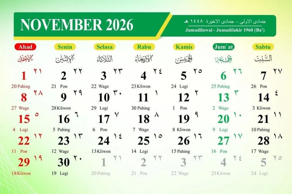 Kalender November 2026: Tanpa Libur Nasional, Ini Tanggal Hijriah dan Hari Penting